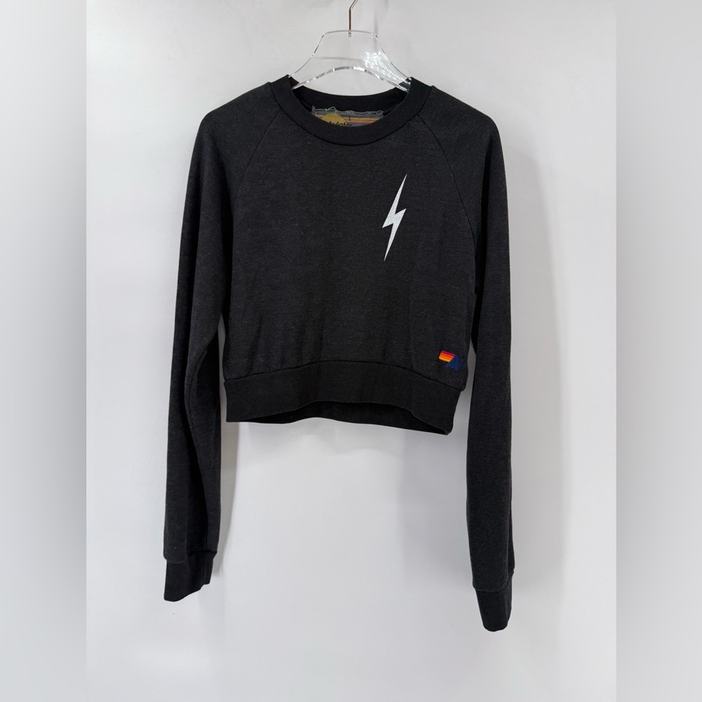 Aviator Nation Black Lightning Bolt Cropped Sweatshirt with Small Rainbow Patch